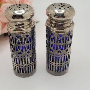 Vintage Silver Cobalt Blue Salt & Pepper Shakers Silver Plate Filigree MCM